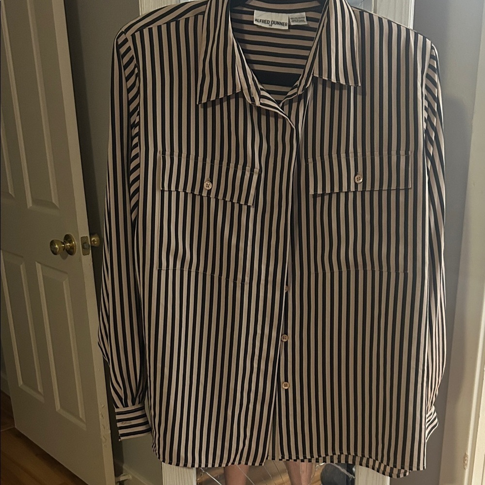 Alfred Dunner Black and White Striped Button-Down Shirt